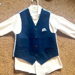 Calvin Klein Size 8 Sateen White Shirt & Vest with Pocket Square